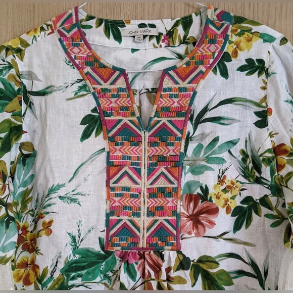 JOHN MARK Women Tunic Top Tropical Vacation Floral Embroidered Linen Lace, Sz M - Picture 3 of 7